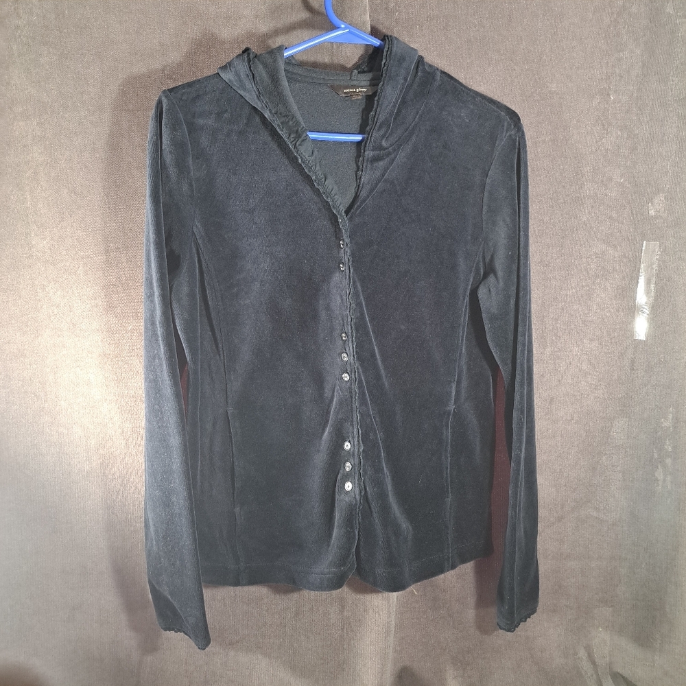 90s Cotton Ginny Black Velour Long Sleeve Button Up Lightweight Hoodie VG M